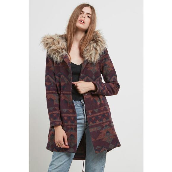 BB Dakota Aztec Fur Trim Coat Blanket Southwestern Dusty Parka Winter Jacket S - Picture 12 of 12